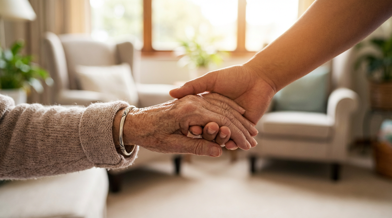 Caregiver holding senior's hand
