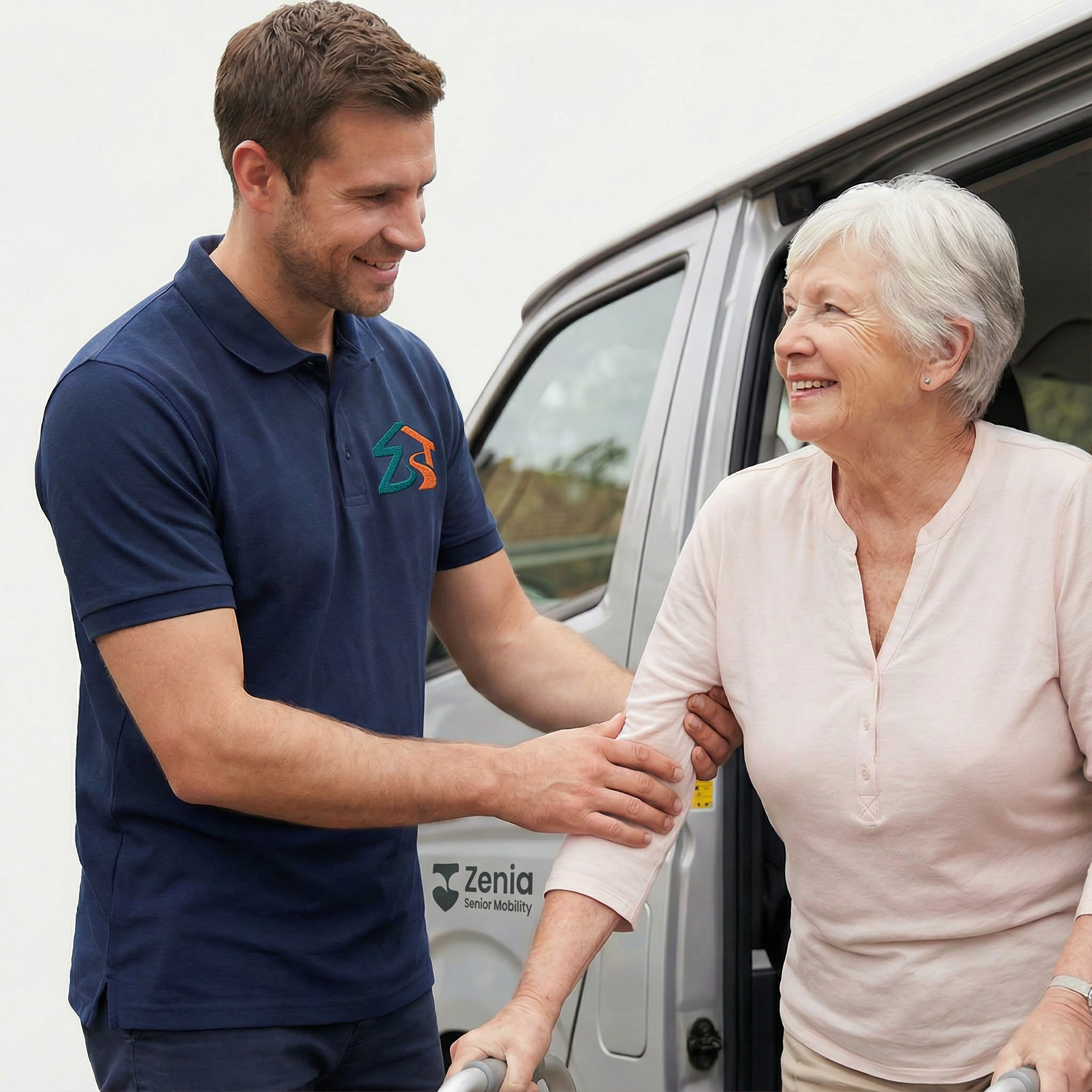 Friendly driver helping senior passenger